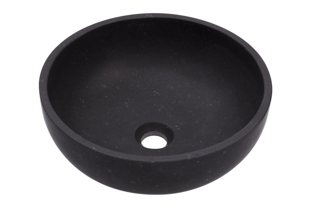 okrągła umywalka o organicznym kształcie, umywalka z czarnego granitu, umywalka z kamienia