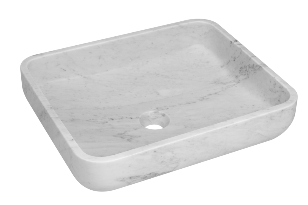 umywalka z białego marmuru, elegancka nablatowa umywalka z kamienia naturalnego, nowoczesne wyposażenie łazienki