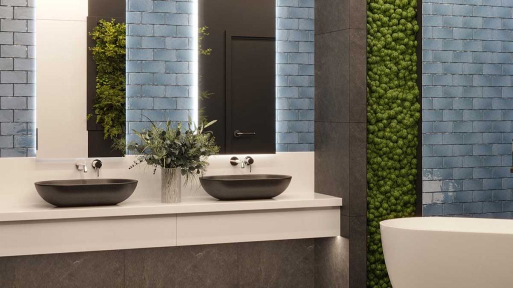 czarne umywalki granitowe nablatowe w nowoczesnej łazience dla dwojga