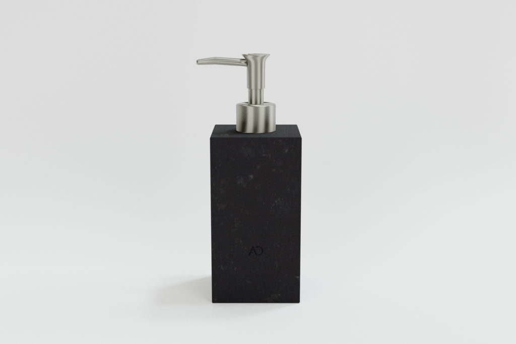 kwadratowy dozownik do mydła z czarnego granitu, czarne akcesoria łazienkowe, minimalistyczny dozownik z kamienia