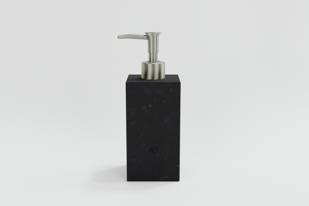dozownik do mydła z czarnego granitu, czarne akcesoria łazienkowe, minimalistyczny dozownik z kamienia