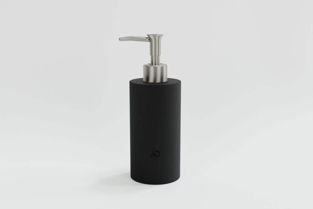 okrągły dozownik do mydła z czarnego granitu, czarne akcesoria łazienkowe, minimalistyczny dozownik z kamienia
