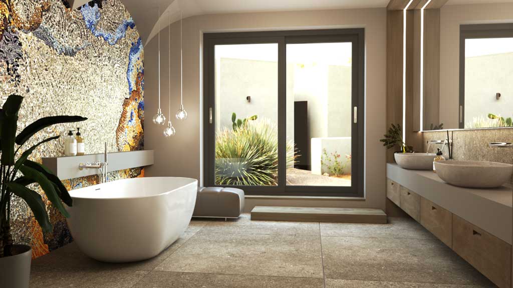 aranżacja jasnej łazienki z wanną wolnostojąca, symetryczna biała wanna akrylowa, dwie umywalki z kamienia naturalnego, beżowa łazienka