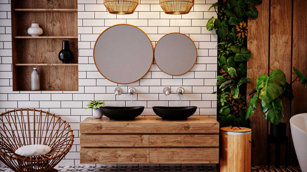 strefa dla dwojga z kamiennymi umywalkami, łazienka z dodatkiem drewna, czarnego granitowe umywalki