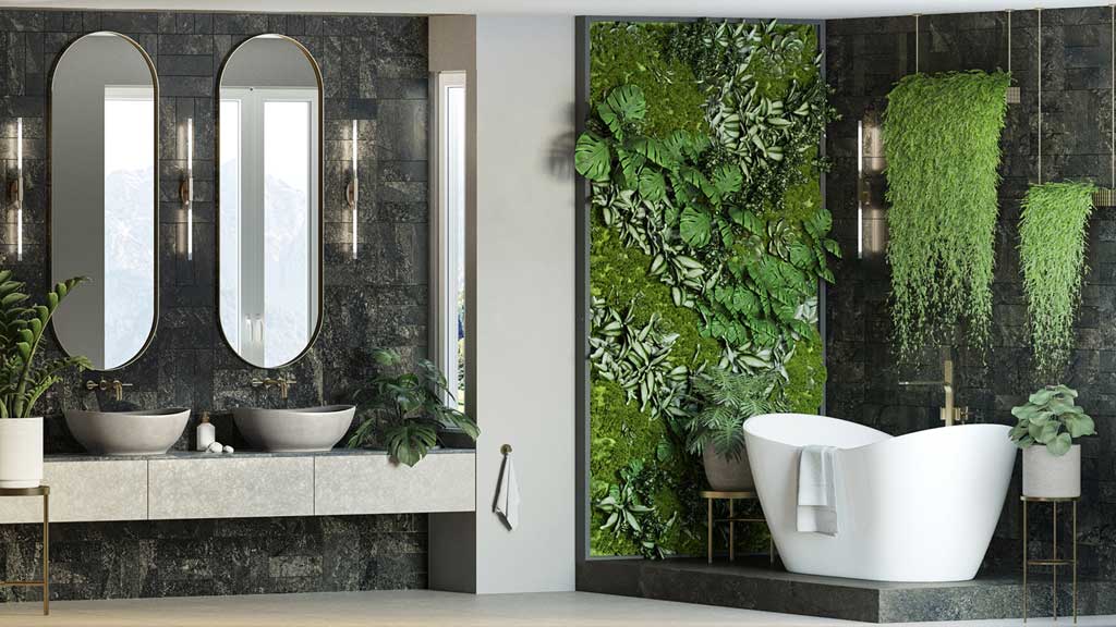 łazienka biofiliczna, aranżacja łazienki z roślinami, łazienka z kamieniem naturalnym