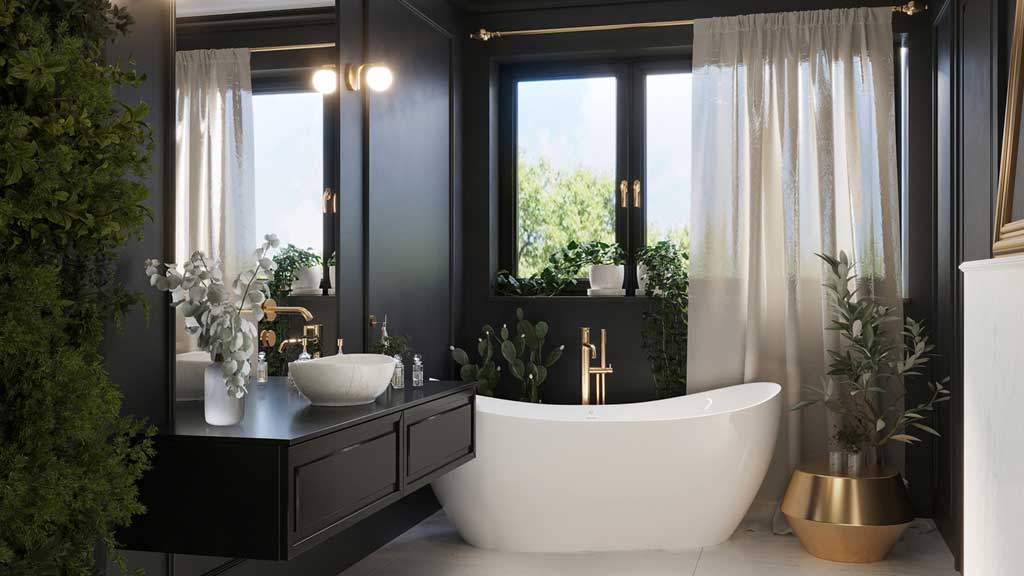 elegancka czarna łazienka z roślinami, złote baterie łazienkowe przy umywalce z kamienia i wannie wolnostojącej