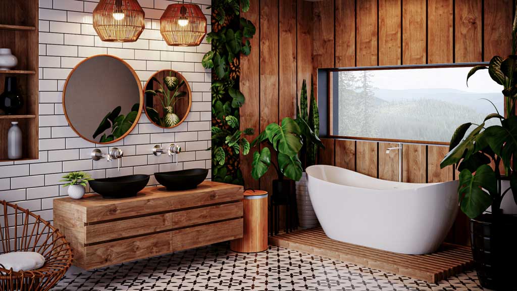 drewniana strefa kąpielowa w łazience, połączenie drewna i bieli w łązience, styl organiczny, biała profilowana wanna dla dwojga, akrylowa wanna wolnostojąca