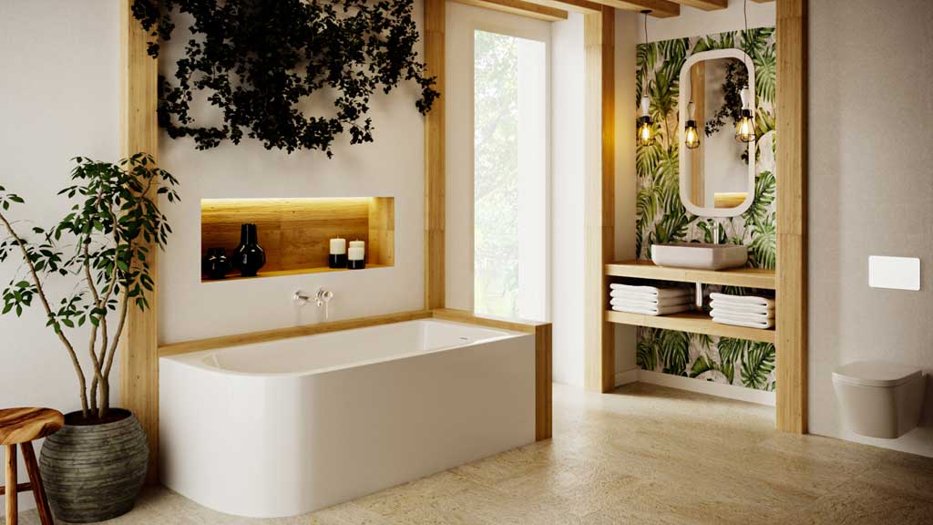 strefa kąpielowa z wanną przyścienną z akrylu, nowoczesna wanna narożna w białym kolorze