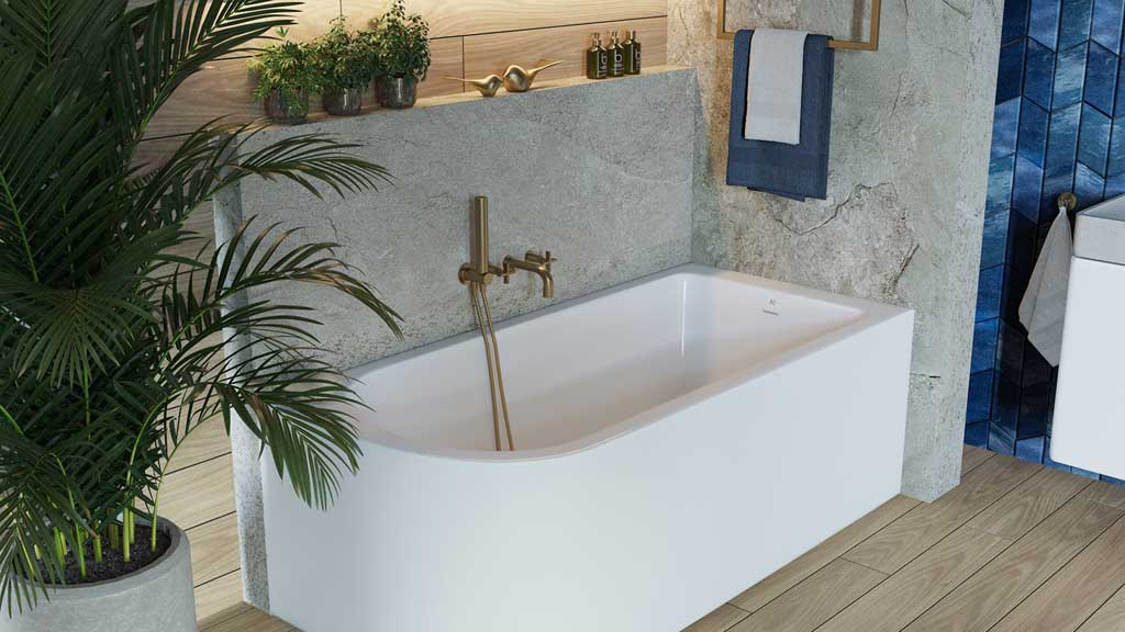 strefa kąpielowa z wanną przyścienną z akrylu, nowoczesna wanna narożna w białym kolorze
