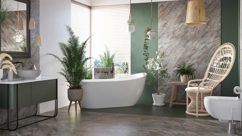 styl japandi w łazience, salona kapielowy z wanną wolnostojącą, strefa kąpielowa w łazience