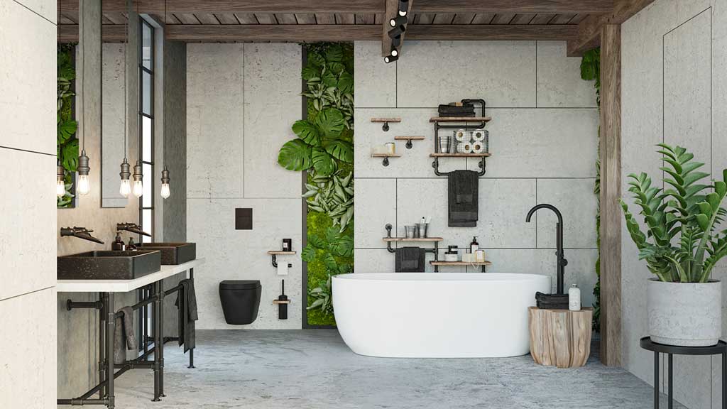 łazienka w stylu industrialnym, łazienka loft, łazienka z 2 umywalkami, łazienka z kamiennymi umywalkami, łazienka z wanną, łazienka z żywymi kwiatami